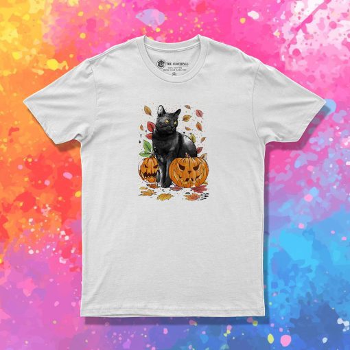 Cat Leaves and Pumpkins T Shirt