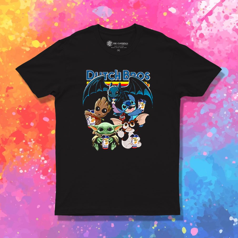 Dutch Bros Coffee Baby Yoda Groot Stitch Toothless and Gizmo T Shirt