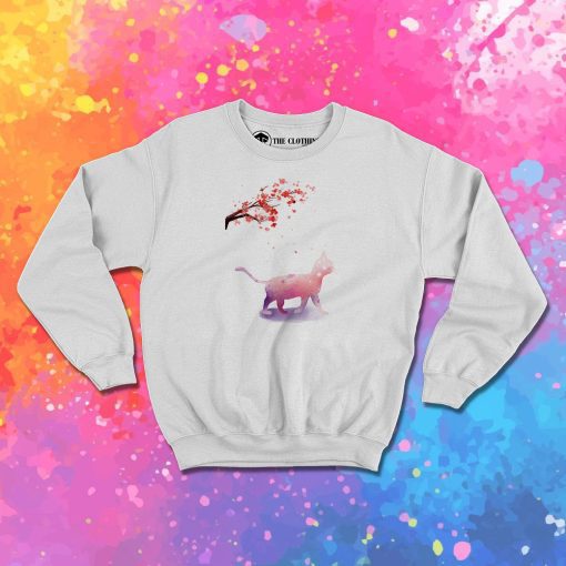 Pink Watercolor Cat Sakura Tree Sweatshirt